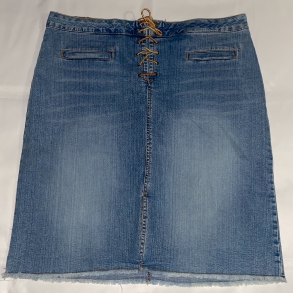 Vintage Route 66 Jean Blue Stretch Fit Brown Lace Up Denim Skirt